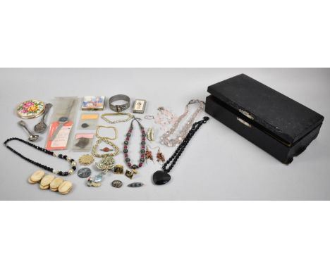 A Vintage Jewellery Box Containing Costume Jewellery, Powder Compact, Wrist Watch etc 