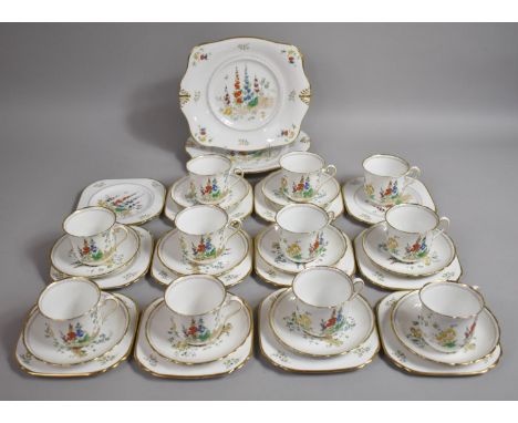 A Tuscan China Plant Pattern Tea Set to comprise Eleven Cups, Nice Saucers, Eleven Side Plates, Two Cake Plates 
