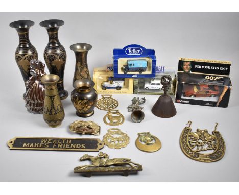 A Collection of Brass and Metalwares to Include Nielo Vases, Together with Four Boxed Diecast Toys to Include Corgi 007 Lotus