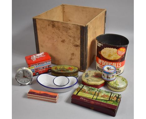 A Vintage Wooden Box Containing Sundries to Include Tins, Alarm Clock, Marbles, Novelty Clip, Enamel ware etc 