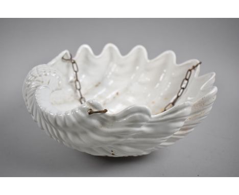 A Mid 20th Century Ceramic White Glazed Hanging Basket in the Form of a Shell, 30cm diameter 