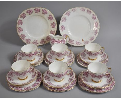 A Royal Vale Pink Floral Lined Decorated Tea Set to comprise Six Cups, Eleven Saucers, Thirteen Side Plates, Two Cake Plates 