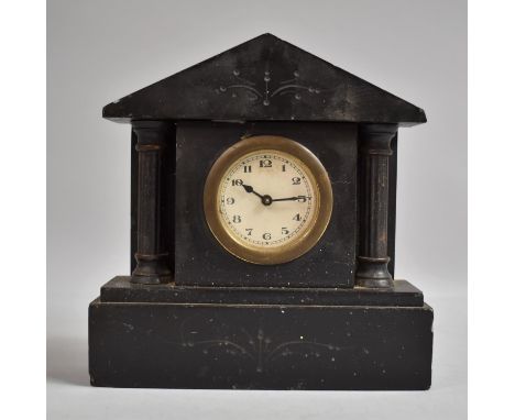 A Late 19th/Early 20th Century Slate Mantle Clock of Architectural Form, Rectangular Plinth Base, 17cm Wide, Movement in Need