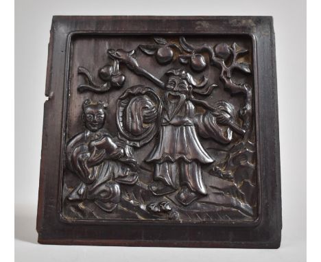 A Chinese Hardwood Carved Panel, the One Side with Chinese God and Reverse with Character Mark, 15cm Square 