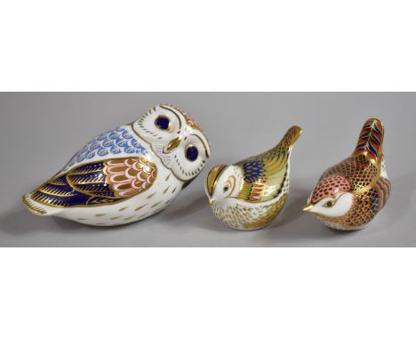 Three Royal Crown Derby Paperweights, Wren with Silver Button, Firecrest with Gold Button and Owl with Ceramic Button 