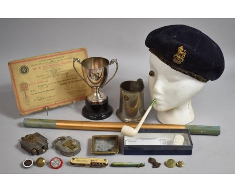 A Small Collection of Curios to Include Clay Pipes, Two Handled Trophy, Padlocks, Penknife, Tankard, Military Badges etc (Man