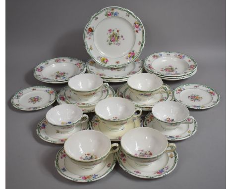 A Queen Anne Floral and Green Band Decorated Tea Set to comprise Six Cups, Eight Saucers, Two Plates, Four Larger Examples, F