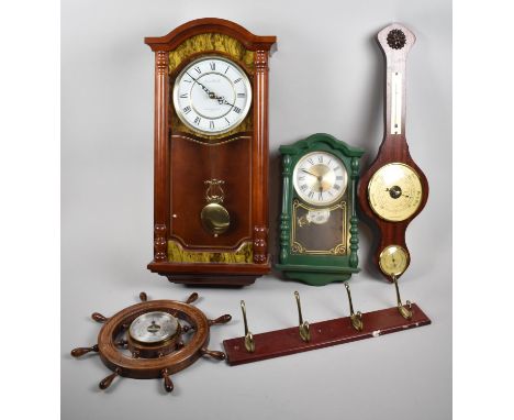 A Modern Westminster Chime Mahogany Cased Wall Clock Together with Modern Wheel Barometer, Ships Wheel Barometer, Green Mantl