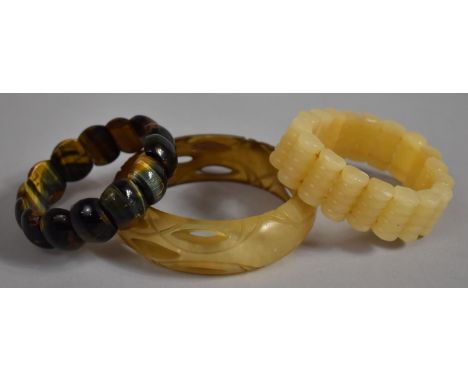 A Collection of Three Bracelets to Include Horn, Tigers Eye and Jade