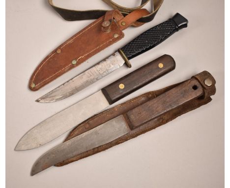 A Collection of Three Hunting Knives, Two with Leather Sheaths 