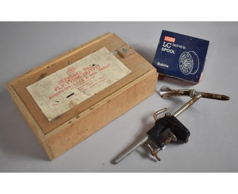 A Work Bench Mounting Fly Tying Vice Together with Milward Standard No.2 Fly-tying Box Containing Various Feathers and Fly Ty
