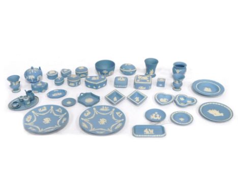 A collection of Wedgwood Blue Jasperware, to include trinket dishes and lids, bowls, vases, miniature teaset, etc. (AF)