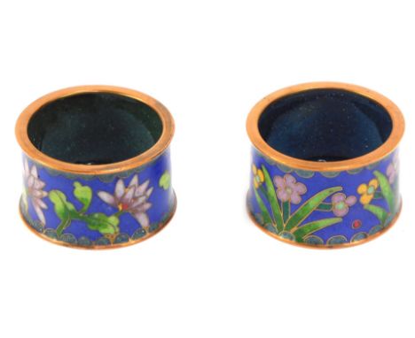 A pair of 20thC enamel napkin rings, each profusely decorated with flowers and leaves, on a blue ground.