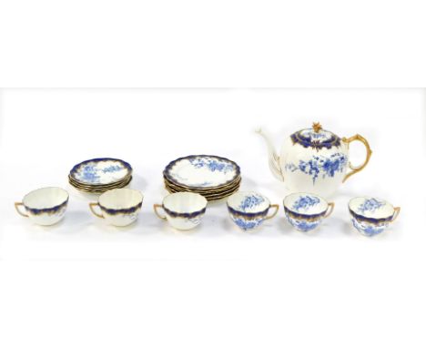 A 20thC blue and white part tea service, comprising teapot, six cups, five saucers, six side plates, each on a white ground w