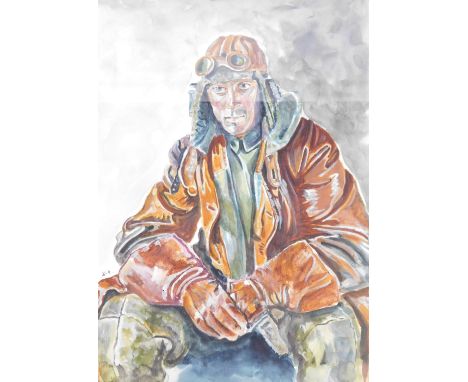 After William Orpen. The NCO Pilot RFC, Flight Sergeant W G Bennett, watercolour, signed K H, 26cm x 27cm.