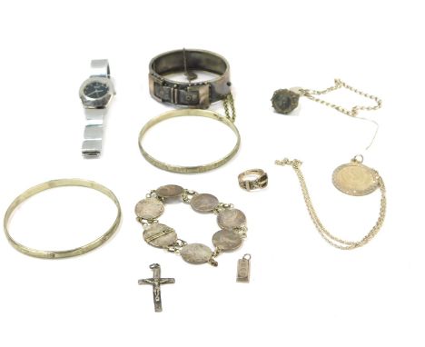 Silver and other jewellery, comprising a silver Victorian hinged bangle, silver swallow brooches, dress rings, necklaces, coi