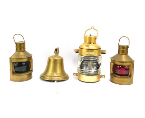 A group of brass ware, comprising a ship's bell, lantern, 29cm high, two others with green and red glass. (4)