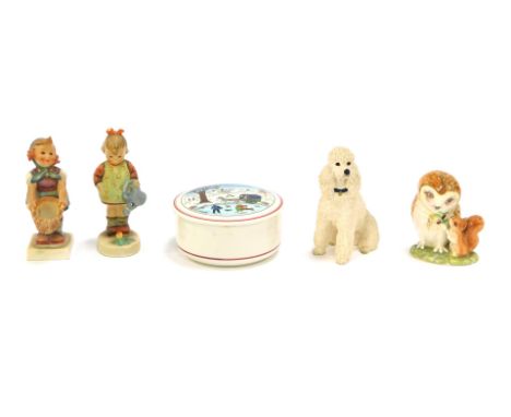 A group of Goebel Hummel figures, Beswick Beatrix Potter Old Mr Brown figure, printed marks beneath, 9cm high, poodle ornamen