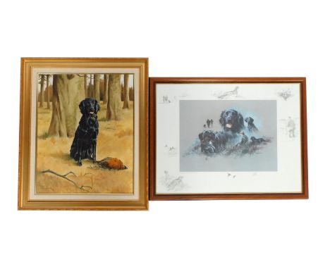 Terence Carter. Keely, Flat Coat Retriever, oil on board, 50cm x 40cm and Mick Cawston, Flat Coat Retreiver, artist signed pr