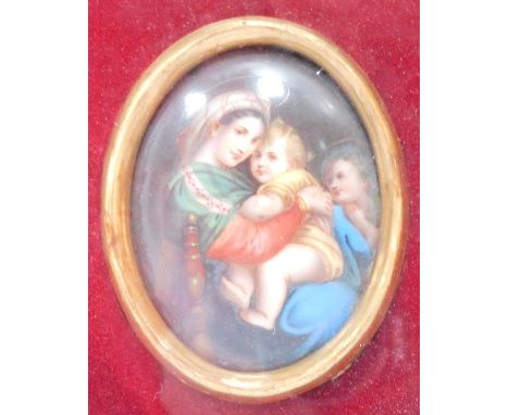 A continental early 20thC portrait miniature, of mother and children, in gilt surround in a fitted case, the portrait miniatu