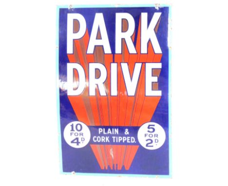 A Park Drive enamel sign, with a turquoise border on a royal blue and red and white ground, 92cm x 62cm.