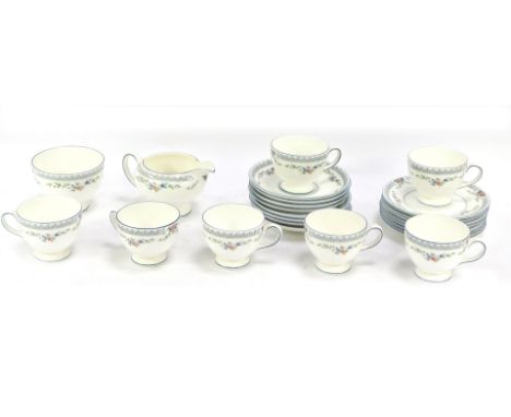 A Wedgwood Rosedale part tea service, comprising seven cups and saucers, milk jug, sugar bowl and eight side plates. (1 tray)