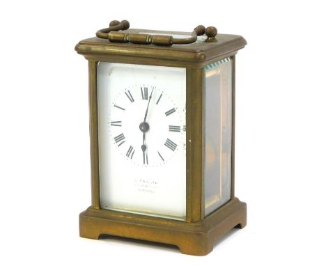 An early 20thC Bullen carriage clock, with five part glazed glass case, Roman numerals, swing handle, 13cm high.