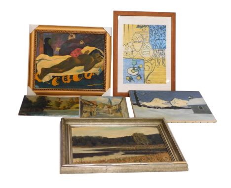 Hales after Gauguin. Nude, oil on canvas, 49cm x 60cm, a Matisse print, and four oils signed Kock, Malik, B Jacnicke and O.L.