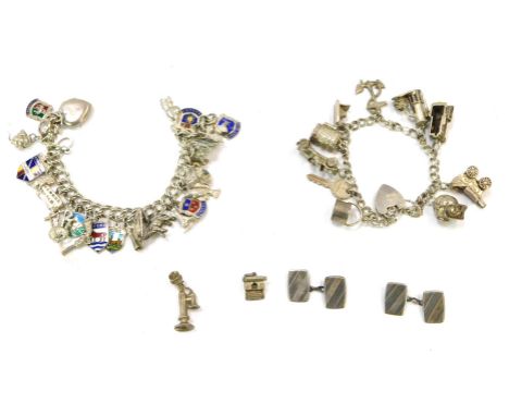 Two silver charm bracelets, together with various charms, to include two curb link chains, one with heart shaped padlock, cha