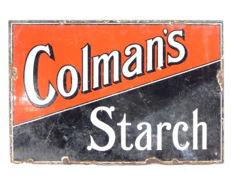 A Colmans Starch metal and enamel sign, on a red and black ground with white writing, 41cm x 63cm.