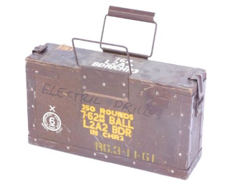 A military ammunition case, numbered 762L2A2, BDRICHR3, 20cm high, 41cm wide, 12cm deep. 