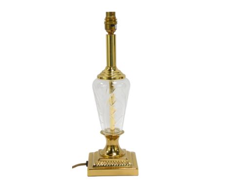 A cut glass table lamp, with gilt metal mounts and floral shade, 37cm high.