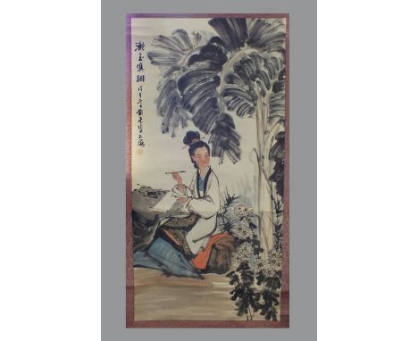 A Chinese hanging scroll20th CenturyA girl seated contemplating flowers before working on a scroll, ink and watercolour on pa