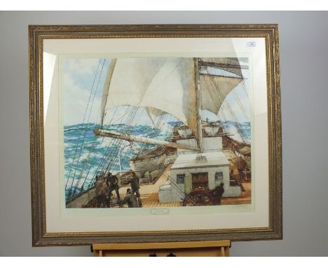 After Montague Dawson, Gale Force Eight, signed lower right, reproduction print, 67 x 79cm (I), together with two signed Davi
