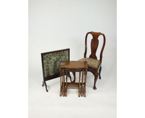 A George II country elm dining chair with vase shaped back splat back and drop in later upholstered tapestry seat raised on c