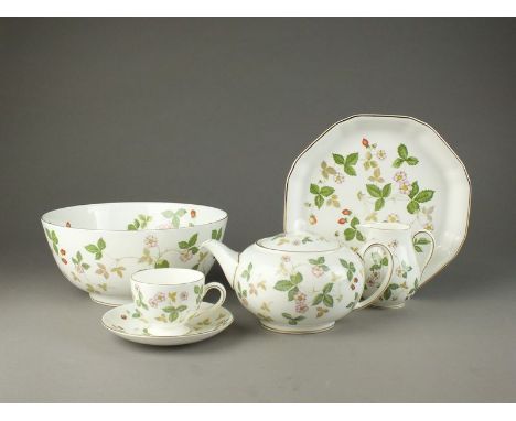 A Wedgwood partial tea/coffee service in the Wild Strawberry pattern, comprising teacups, coffee cups, saucers, side plates, 