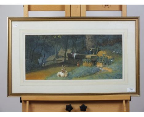 British school, early 20th century, woodland scene with goat seated on a trach beside a water trough, watercolour, 23 x 49cm