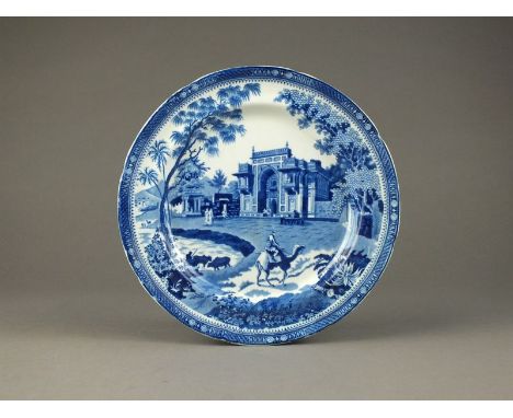 A collection of six English blue and white transfer-printed plates, early 19th century, comprising 'Resting Goatherd' by an u