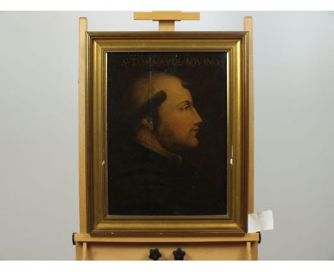  Continental school, 18th century, Portrait of a monk in profile, inscribed 'S.TOMMAS DE AQUINO', oil on panel, 49 x 36cm