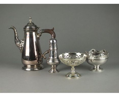A large collection of silver plated items, to include; a George III style coffee pot, pedestal bon bon dishes, sugar caster, 