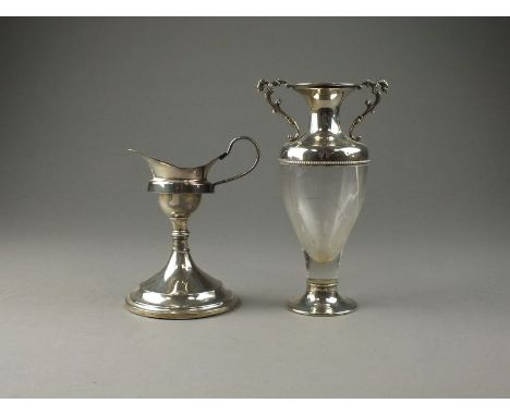 A silver mounted glass vase, Birmingham (at fault), together with a silver mounted altered candlestick, four silver spoons an