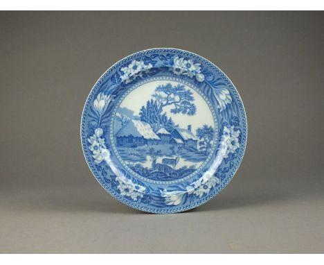 A collection of seven 19th century English blue and white plates, comprising three Wedgwood examples, 'Fallow Deer', circa 18