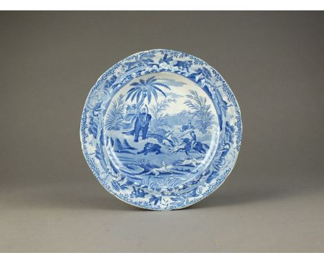 A Spode 'Indian Sporting Series' plate transfer-printed in blue and white with the 'Death of the Bear', circa 1810, impressed