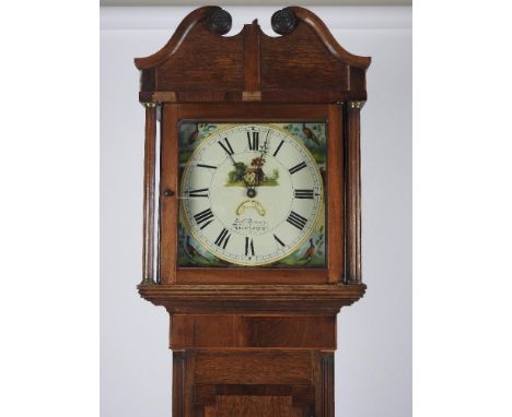 A second quarter of the 19th century crossbanded oak 30-hour longcase clock by Robert Brown of Newtown, the hood with two lio