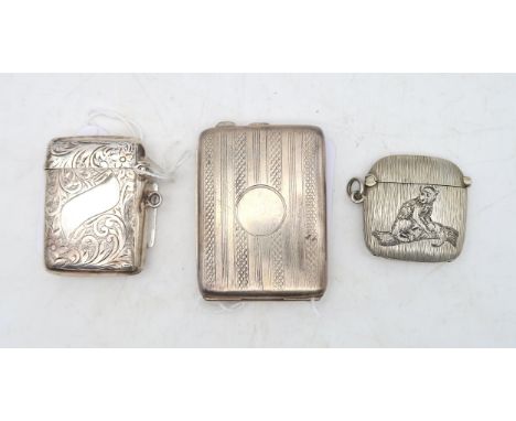 A continental silver vesta, with horizontal banded decoration, engraved with a monkey on a branch, another by&nbsp;W H Newman