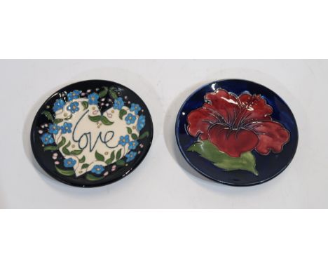 Two Moorcroft trinket dishes, one decorated with forget me nots and the word&nbsp; Love, the other a hibiscus flower Conditio