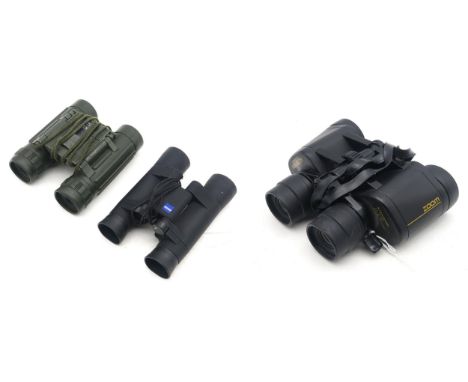 A pair of Zeiss 10x25 T* binoculars, serial no. 3009964, together with a pair of Viking 10x25 binoculars, a further pair of M