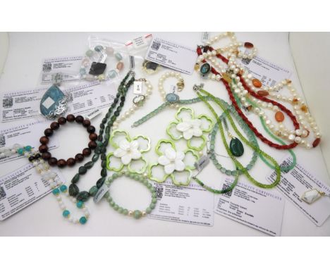 A collection of The Jewellery Channel items, to include a graduated emerald bead necklace, a red tiger's eye bracelet, perido