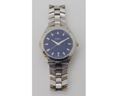 A gents Ebel classic sport watch with a black dial, silver baton numerals and date aperture, with a screw down bright polishe