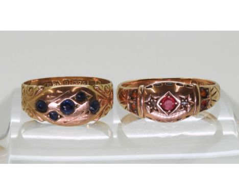 A 9ct rose gold ring hallmarked Birmingham 1938, set with rose cut diamonds and red gems, size O1/2, together with a 9ct sapp